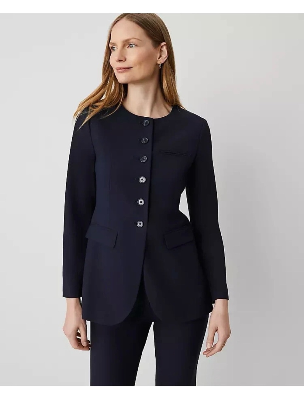 NWT $179 ANN TAYLOR The Curved hem jacket blazer seasonless stretch navy sky  4